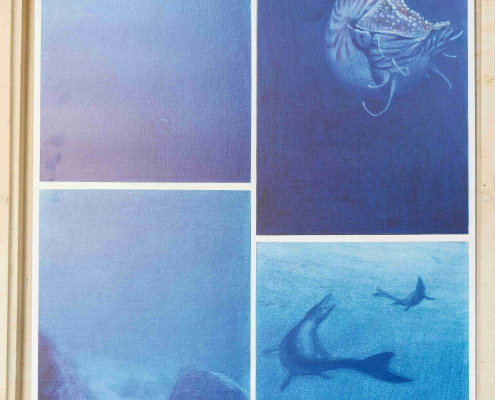 Reproduction d'une planche de Gaétan Nocq à l'exposition Dessiner le grand bleu