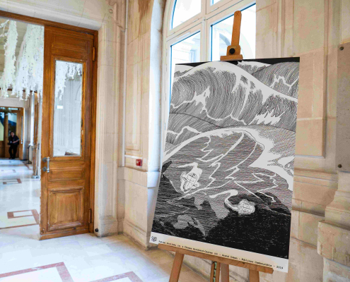 Reproduction d'une planche de Thomas Castex à l'exposition Dessiner le grand bleu à l'Académie du Climat